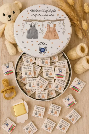 Metal Kutuda Karton Kutulu Madlen Çikolata | Yeni Doğan, Baby Shower, Doğum Günü, Diş Buğdayı Hediyesi