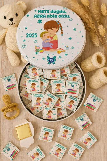 Metal Kutuda Karton Kutulu Madlen Çikolata | Yeni Doğan, Baby Shower, Doğum Günü, Diş Buğdayı Hediyesi