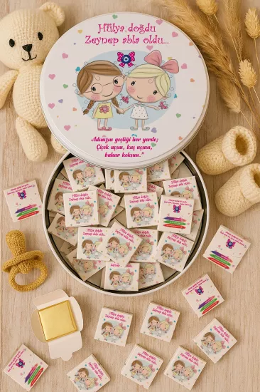 Metal Kutuda Karton Kutulu Madlen Çikolata | Yeni Doğan, Baby Shower, Doğum Günü, Diş Buğdayı Hediyesi