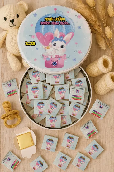 Metal Kutuda Karton Kutulu Madlen Çikolata | Yeni Doğan, Baby Shower, Doğum Günü, Diş Buğdayı Hediyesi