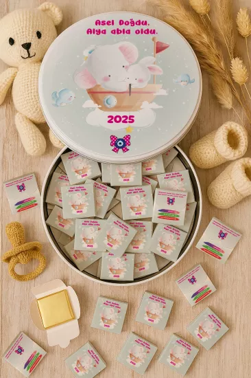 Metal Kutuda Karton Kutulu Madlen Çikolata | Yeni Doğan, Baby Shower, Doğum Günü, Diş Buğdayı Hediyesi