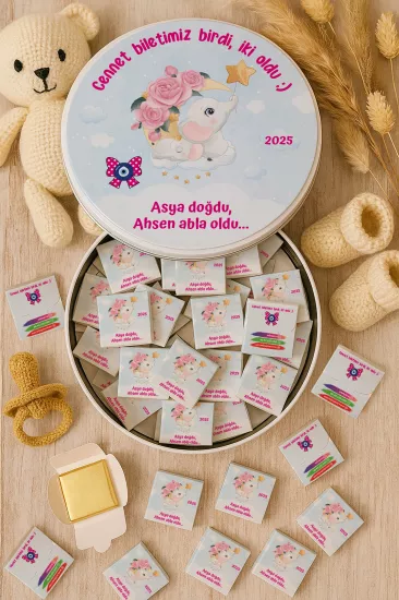 Metal Kutuda Karton Kutulu Madlen Çikolata | Yeni Doğan, Baby Shower, Doğum Günü, Diş Buğdayı Hediyesi