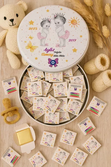 Metal Kutuda Karton Kutulu Madlen Çikolata | Yeni Doğan, Baby Shower, Doğum Günü, Diş Buğdayı Hediyesi