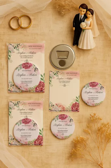 Söz Nişan Kına Nikah Düğün Hatırası Kartlı Metal Açacak Magnet