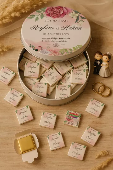 Metal Kutuda Karton Kutulu Madlen Çikolata | Söz, Nişan, Kına, Nikah, Düğün Hatırası