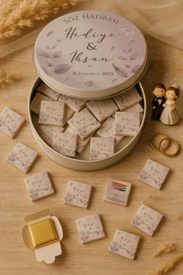 Metal Kutuda Karton Kutulu Madlen Çikolata | Söz, Nişan, Kına, Nikah, Düğün Hatırası