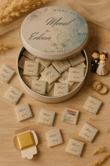 Metal Kutuda Karton Kutulu Madlen Çikolata | Söz, Nişan, Kına, Nikah, Düğün Hatırası