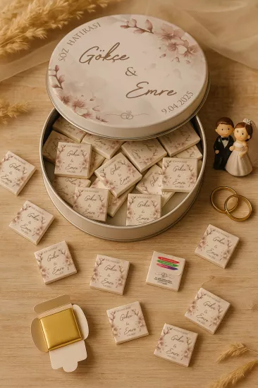 Metal Kutuda Karton Kutulu Madlen Çikolata | Söz, Nişan, Kına, Nikah, Düğün Hatırası