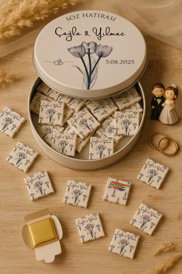 Metal Kutuda Karton Kutulu Madlen Çikolata | Söz, Nişan, Kına, Nikah, Düğün Hatırası