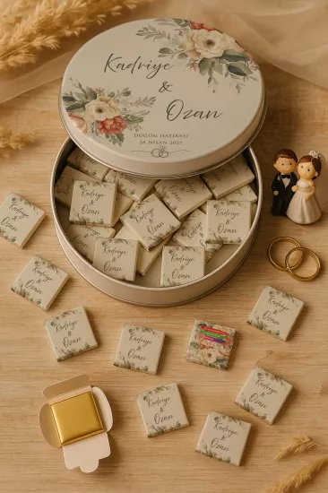 Metal Kutuda Karton Kutulu Madlen Çikolata | Söz, Nişan, Kına, Nikah, Düğün Hatırası