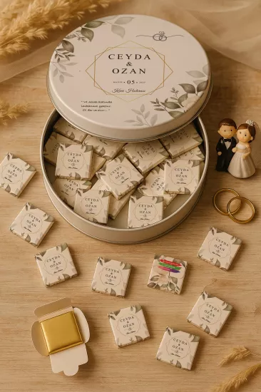 Metal Kutuda Karton Kutulu Madlen Çikolata | Söz, Nişan, Kına, Nikah, Düğün Hatırası