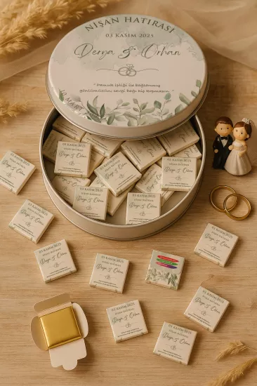Metal Kutuda Karton Kutulu Madlen Çikolata | Söz, Nişan, Kına, Nikah, Düğün Hatırası