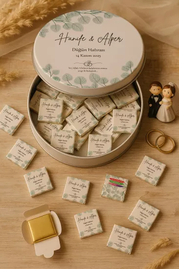 Metal Kutuda Karton Kutulu Madlen Çikolata | Söz, Nişan, Kına, Nikah, Düğün Hatırası