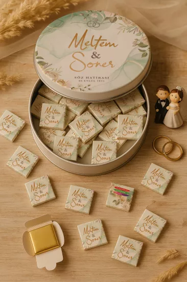 Metal Kutuda Karton Kutulu Madlen Çikolata | Söz, Nişan, Kına, Nikah, Düğün Hatırası