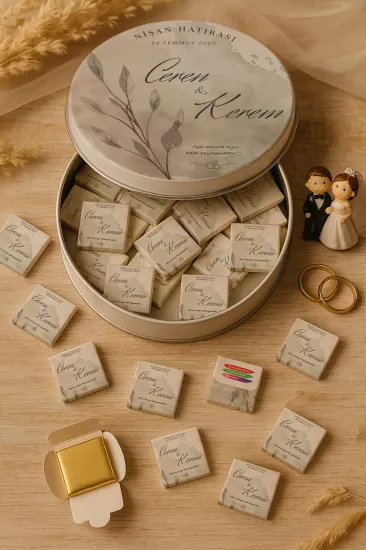 Metal Kutuda Karton Kutulu Madlen Çikolata | Söz, Nişan, Kına, Nikah, Düğün Hatırası