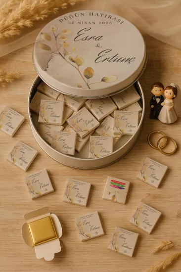 Metal Kutuda Karton Kutulu Madlen Çikolata | Söz, Nişan, Kına, Nikah, Düğün Hatırası