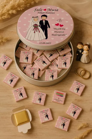 Metal Kutuda Karton Kutulu Madlen Çikolata | Söz, Nişan, Kına, Nikah, Düğün Hatırası