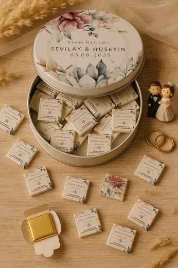 Metal Kutuda Karton Kutulu Madlen Çikolata | Söz, Nişan, Kına, Nikah, Düğün Hatırası