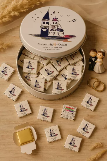 Metal Kutuda Karton Kutulu Madlen Çikolata | Söz, Nişan, Kına, Nikah, Düğün Hatırası