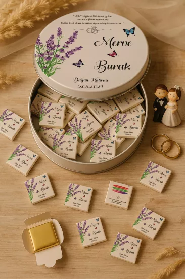 Metal Kutuda Karton Kutulu Madlen Çikolata | Söz, Nişan, Kına, Nikah, Düğün Hatırası