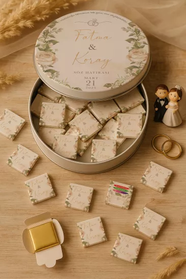 Metal Kutuda Karton Kutulu Madlen Çikolata | Söz, Nişan, Kına, Nikah, Düğün Hatırası