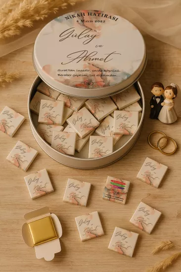 Metal Kutuda Karton Kutulu Madlen Çikolata | Söz, Nişan, Kına, Nikah, Düğün Hatırası