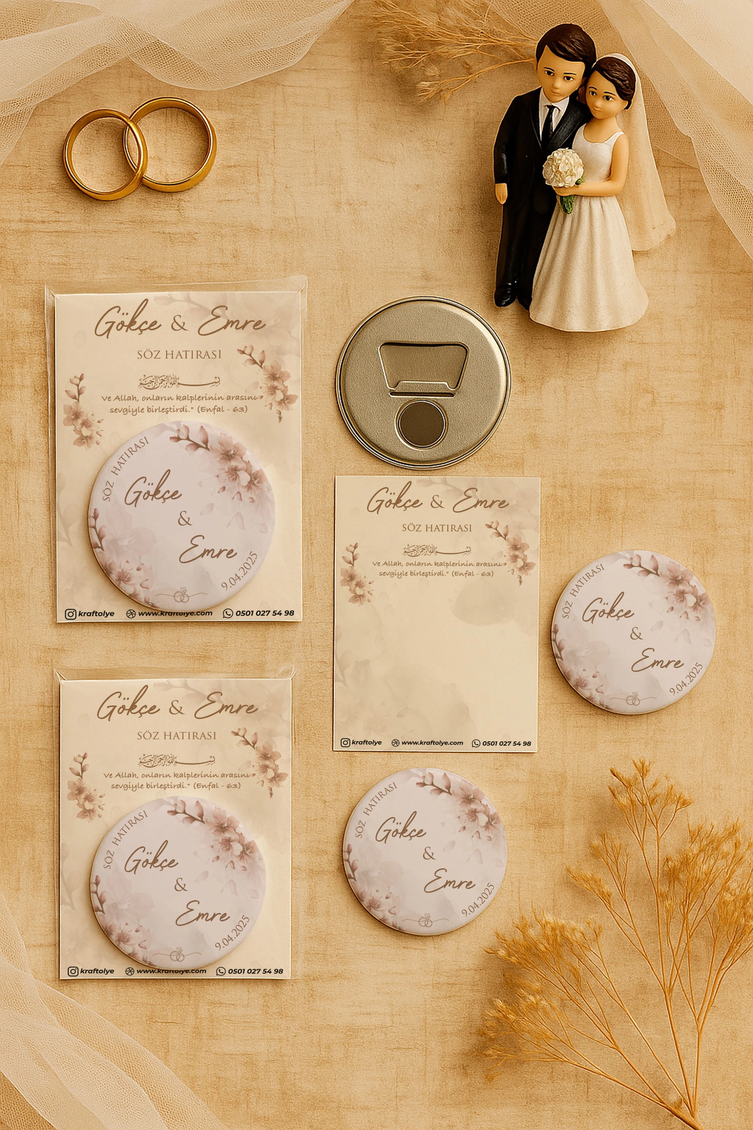 Söz Nişan Kına Nikah Düğün Hatırası Kartlı Metal Açacak Magnet